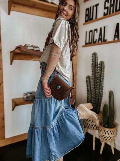Women's long denim skirt with ruffles bohemian style - Alaya