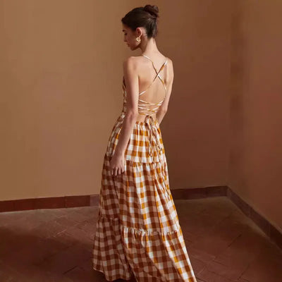 Daphne - Casual Tied Dress Plaid Backless