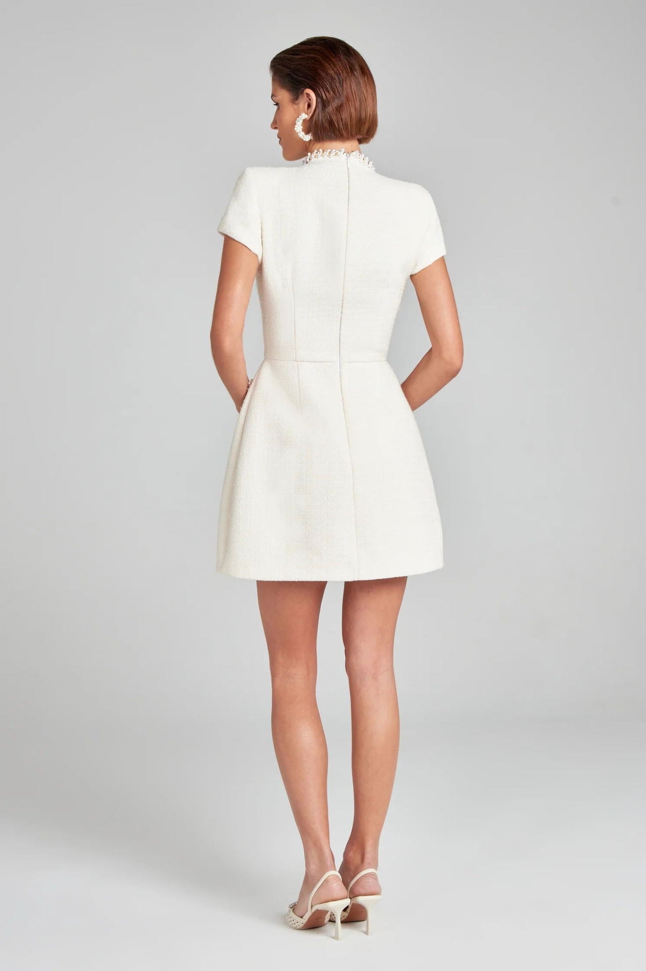 Women's short tweed dress with retro white pearls - Clarisse