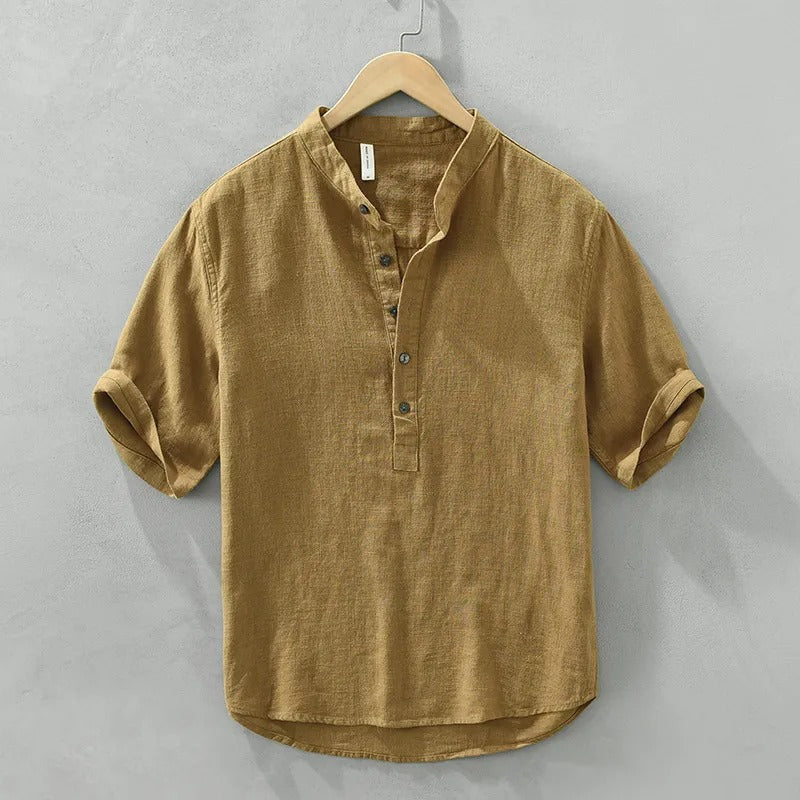 Men's casual shirt brown linen mao collar - Dario