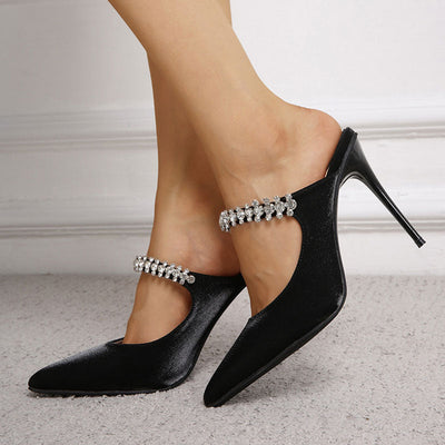Harper - Glossy Satin Crystal Embellished Strap Pointed Toe High Heel Pumps