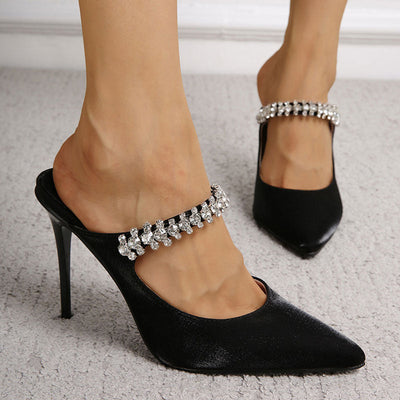 Harper - Glossy Satin Crystal Embellished Strap Pointed Toe High Heel Pumps
