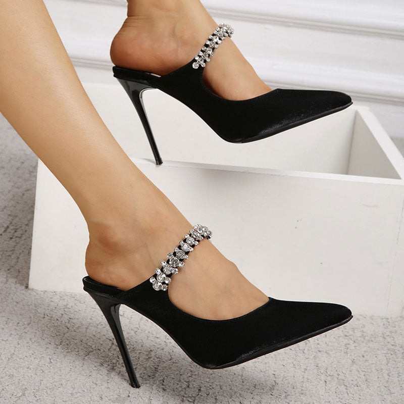 Harper - Glossy Satin Crystal Embellished Strap Pointed Toe High Heel Pumps