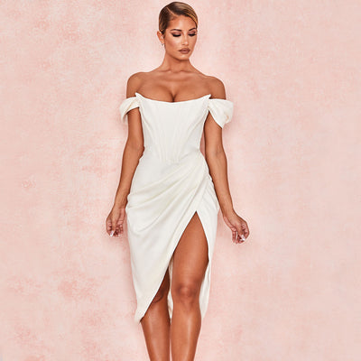 Jasmine - Glossy Satin Off Shoulder Draped Corset Cocktail Midi Dress