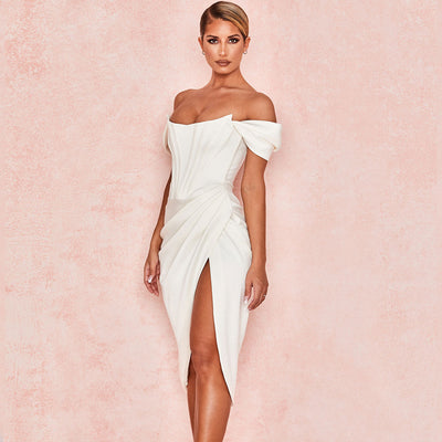 Jasmine - Glossy Satin Off Shoulder Draped Corset Cocktail Midi Dress