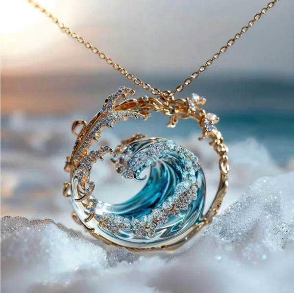 Women's Blue Wave Crystal Necklace Oceanic Design - Naia
