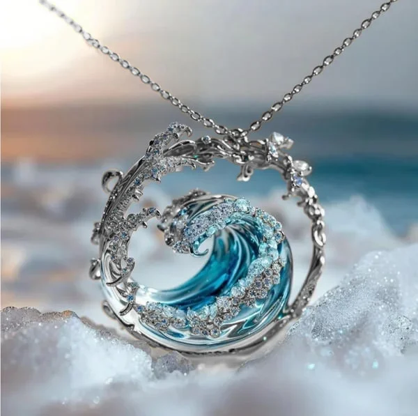 Women's Blue Wave Crystal Necklace Oceanic Design - Naia