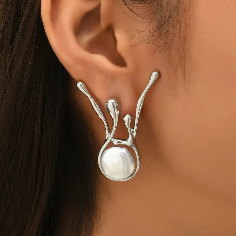 Women's Irregular Silver Earrings with Large Pearl - Freya