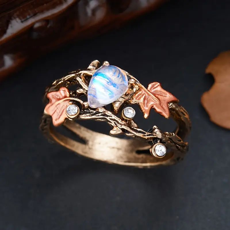 Women's Floral Crystal Ring Antique Gold Leaf Design - Sylva