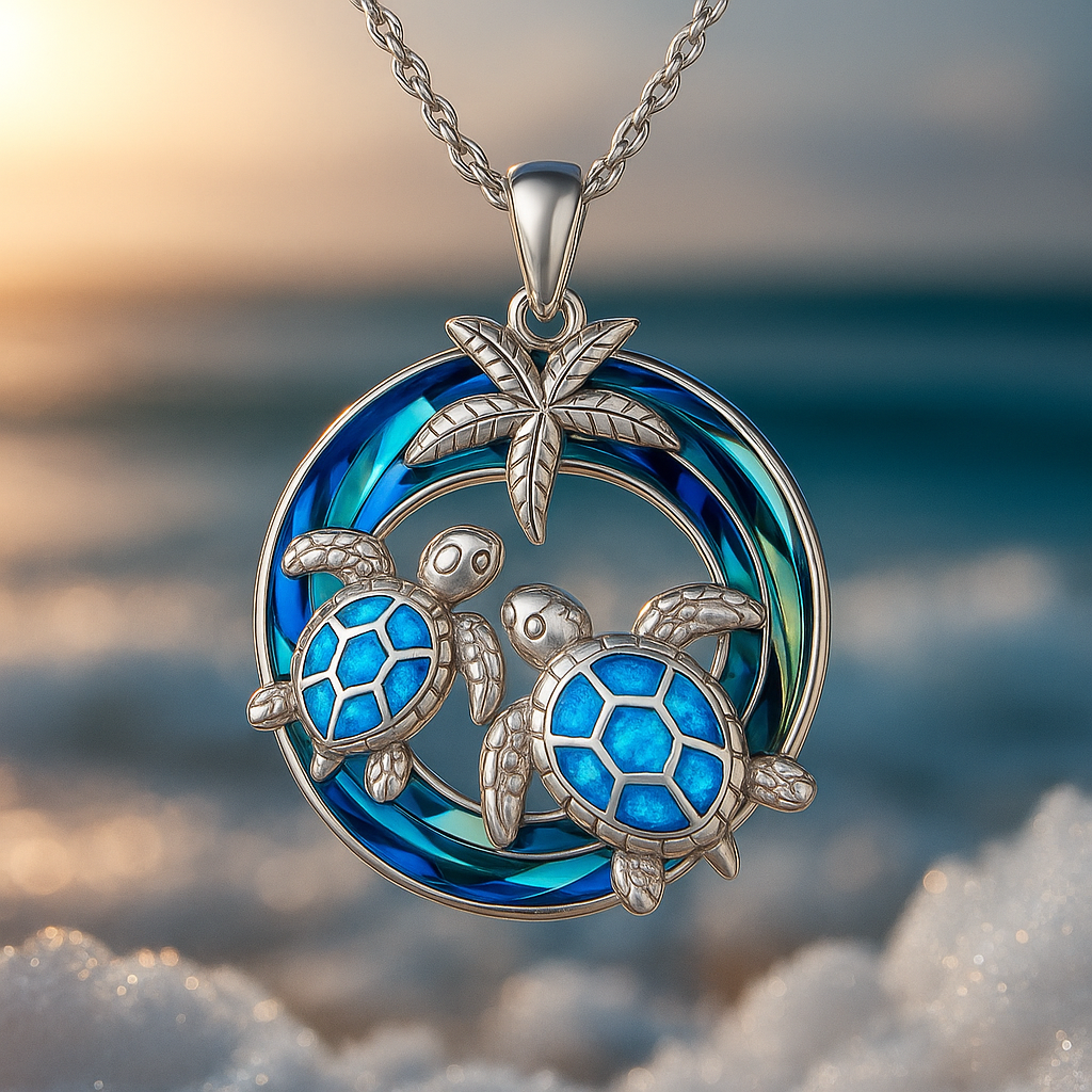 Women's Sea Turtle Necklace Blue Opal Tropical Circle - Helene