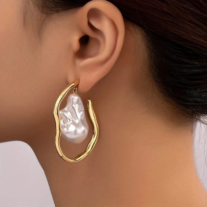 Women's Irregular Pearl Gold Hoop Earrings - Greta