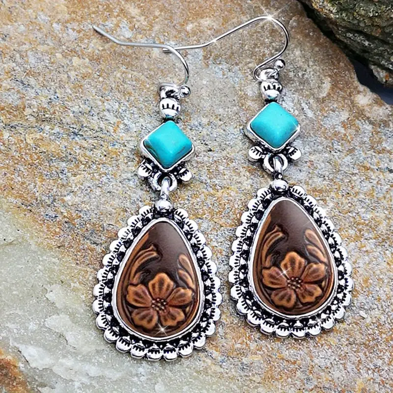 Blue Stone Drop Flower Silver Earrings - Veya