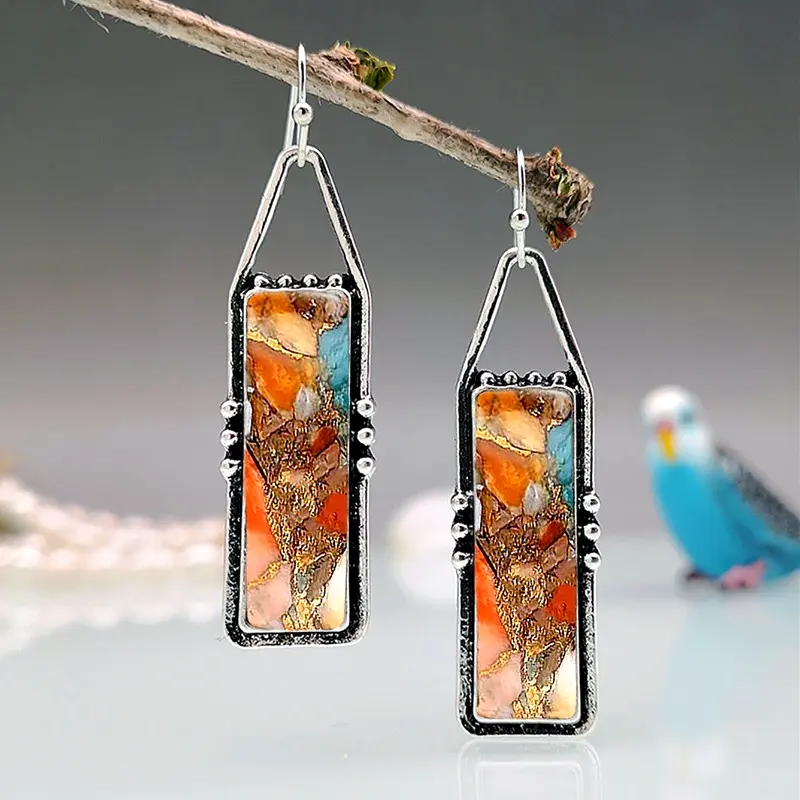 Rectangular Colorful Stone Silver Earrings - Yumi