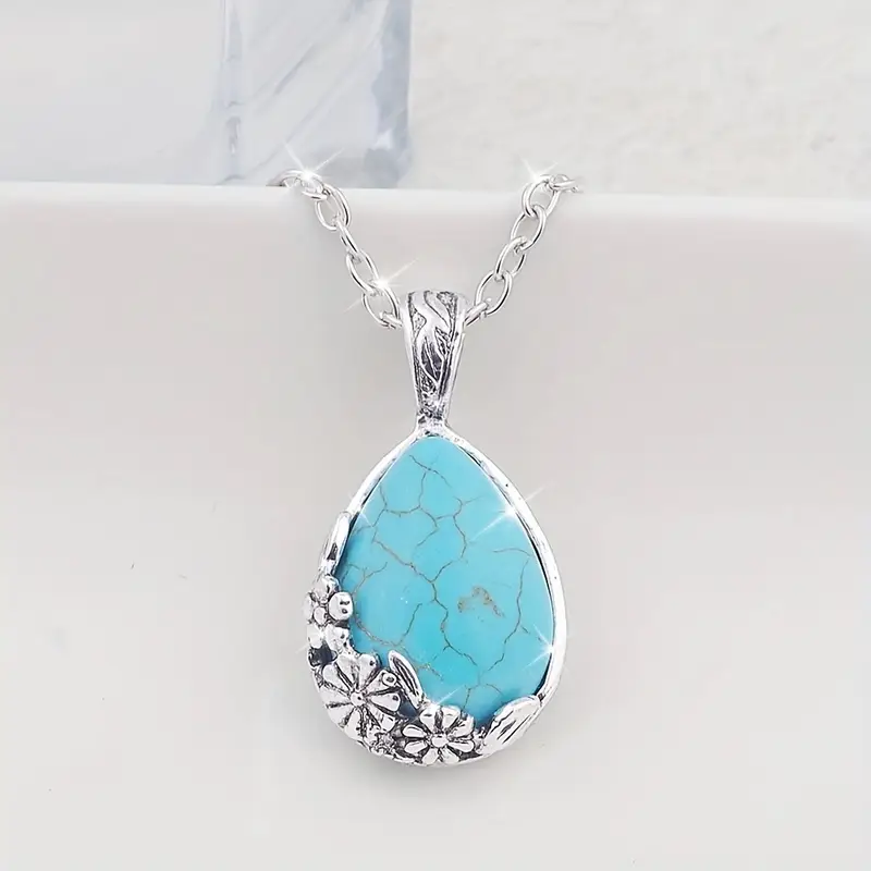 Blue Stone Drop Flower Necklace - Vera