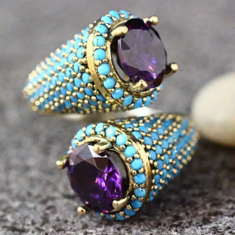Adjustable Inlaid Blue Stones Purple Crystal Ring - Zuri