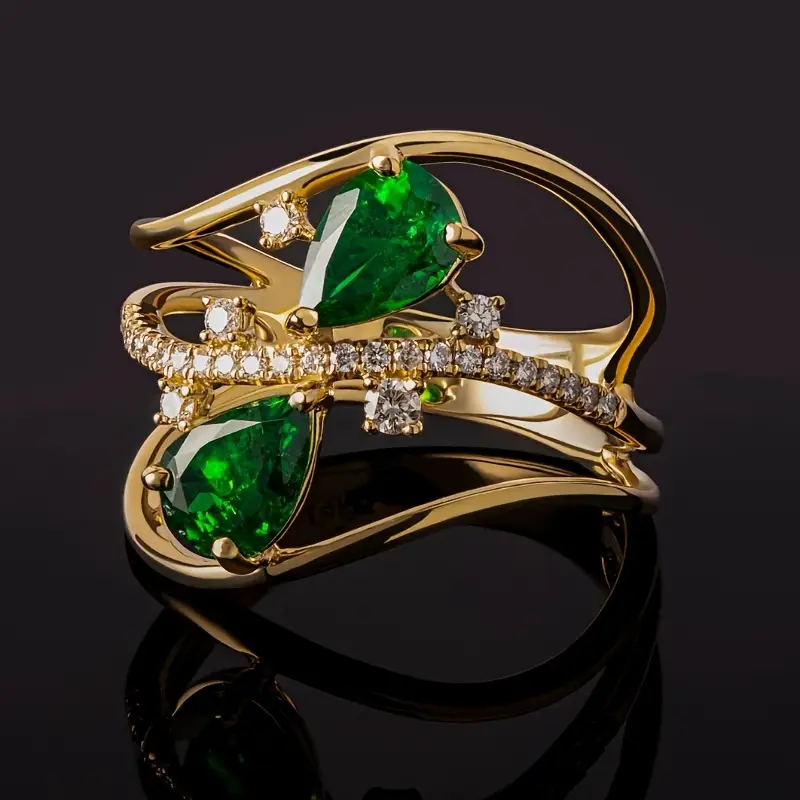 Double Drop Green Crystal Gold Ring - Sera