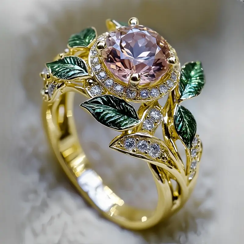 Green & Pink Leaf Zirconia Gold Ring - Sia