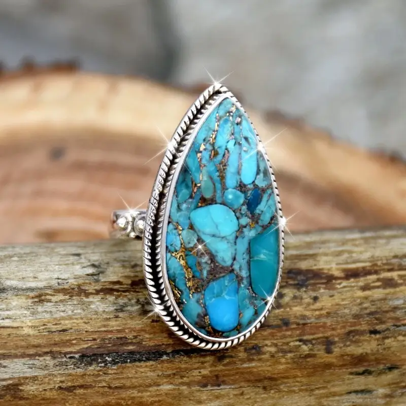 Drop Blue Stone Silvered Ring - Nyla