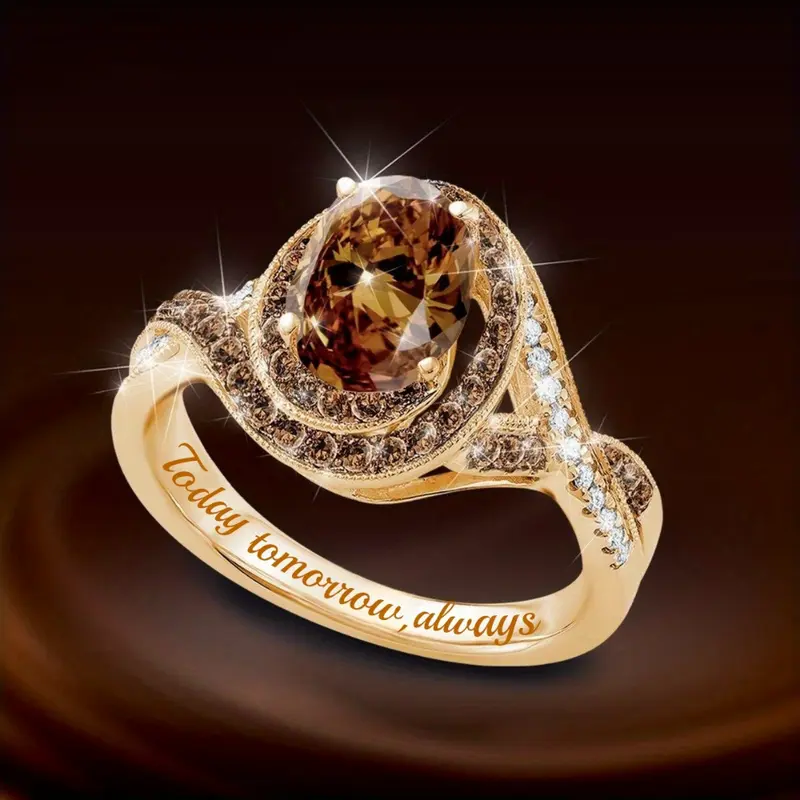 Rounded Oval Orange Glass Zirconia Golden Ring - Isla
