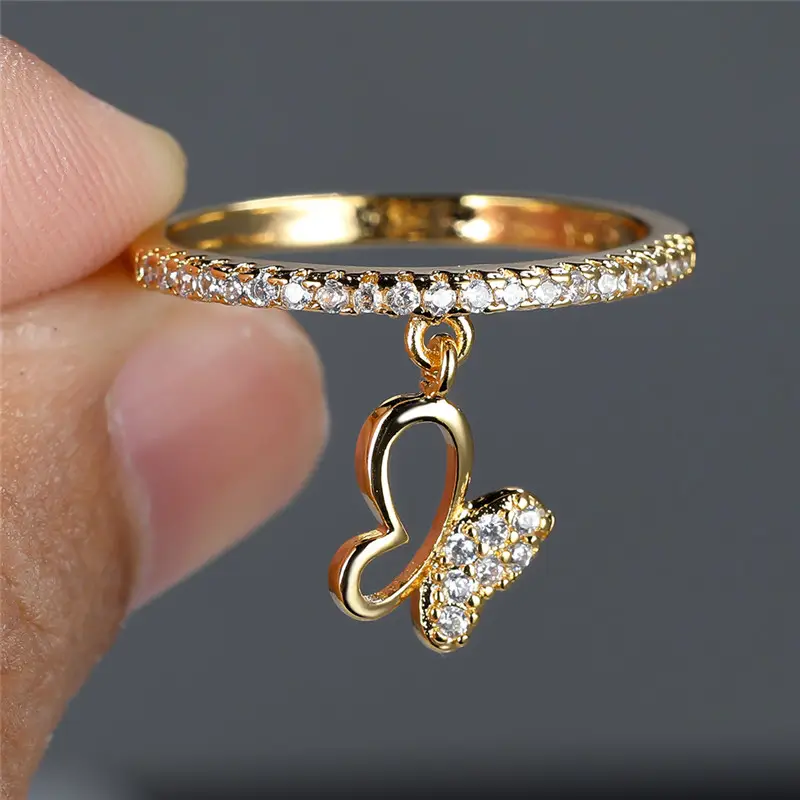 Dangling Butterfly Zirconia Gold Ring - Gia