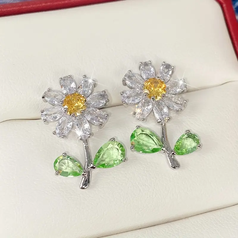 Crystal Flower Silvered Earrings - Emi
