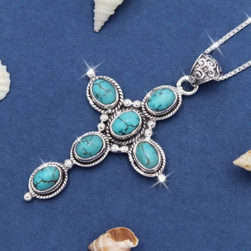 Blue Stone Cross Necklace - Elia