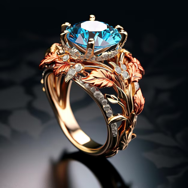 Exotic Golden Leaf Blue Zirconia Ring - Bria