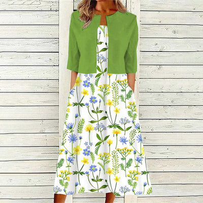 Lara - Midi dress with green plant print and jacket