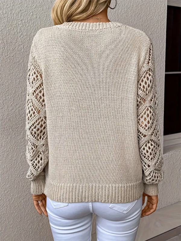 Women's Knit Sweater with Crochet Sleeves - V-Neck Pullover - Multiple Colors - Amara