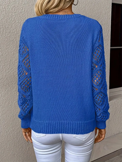 Women's Knit Sweater with Crochet Sleeves - V-Neck Pullover - Multiple Colors - Amara