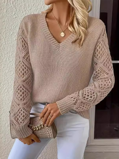 Women's Knit Sweater with Crochet Sleeves - V-Neck Pullover - Multiple Colors - Amara
