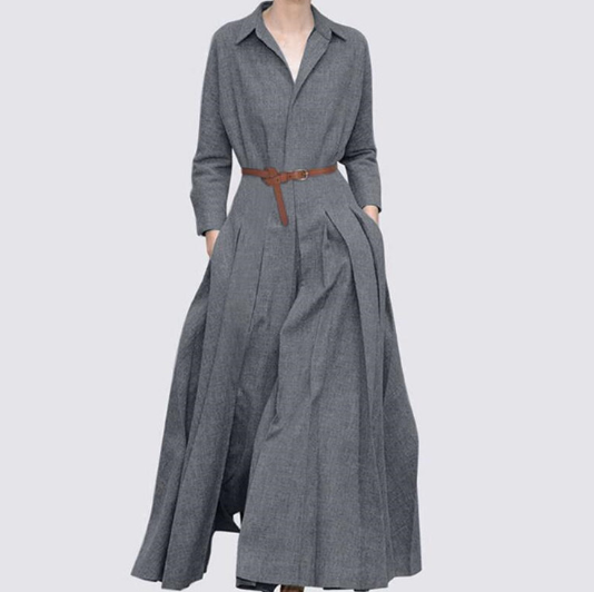 Round neckline Long-sleeved top Pleated skirt Two-piece suit without belt