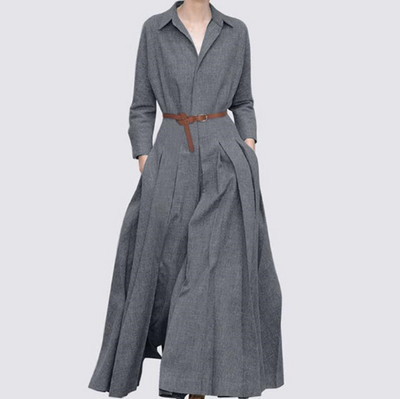 Round neckline Long-sleeved top Pleated skirt Two-piece suit without belt