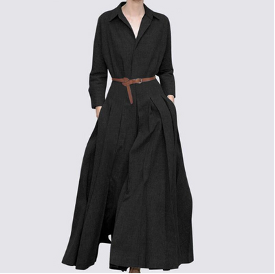 Round neckline Long-sleeved top Pleated skirt Two-piece suit without belt