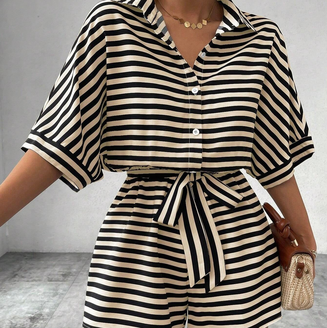 Shirt short jumpsuit with horizontal stripes - Brisa