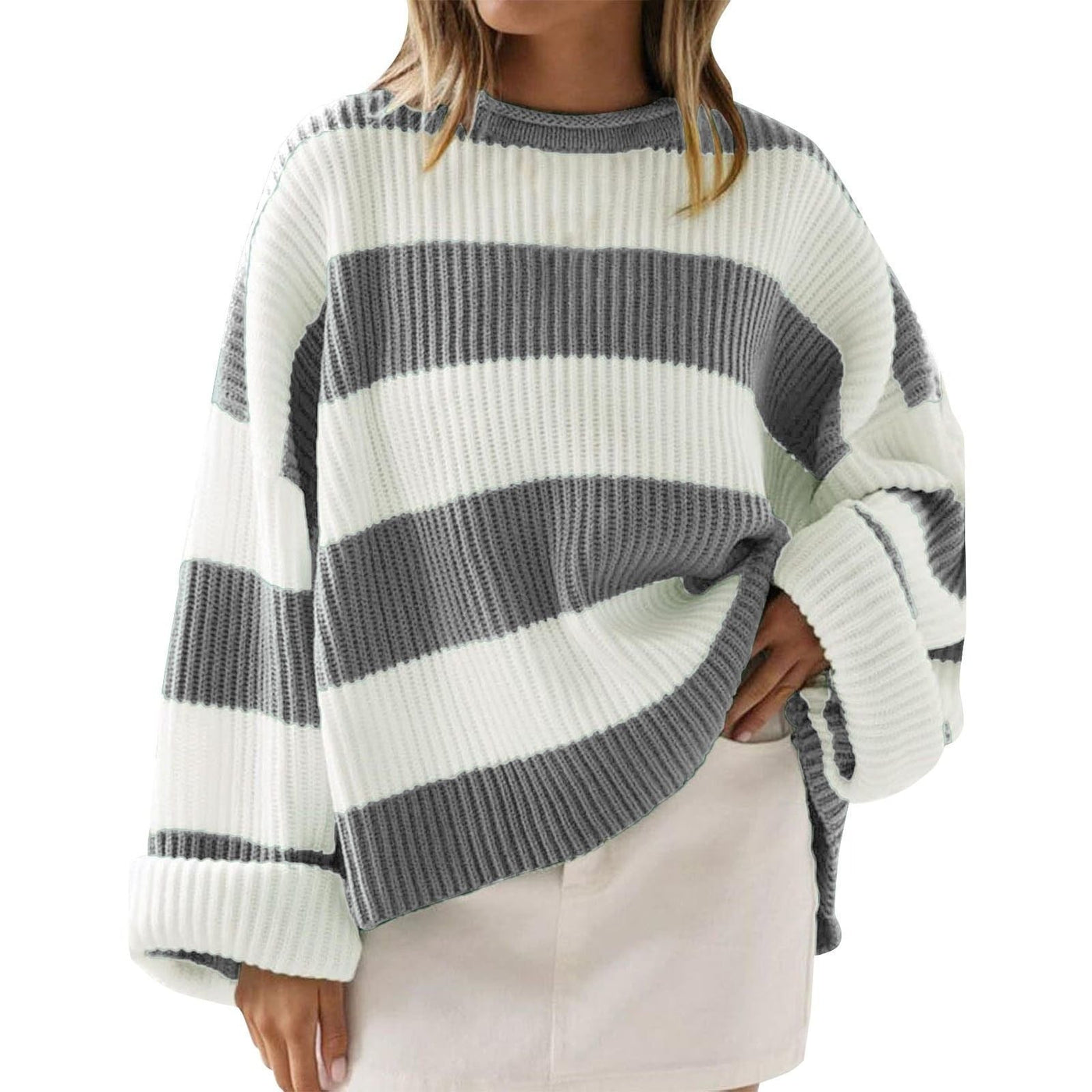 Wide striped ribbed knitted oversize style sweater - Eleanor