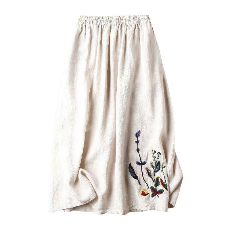 Women's midi skirt with elastic waist and handmade floral embroidery - Amandine