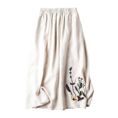 Women's midi skirt with elastic waist and handmade floral embroidery - Amandine