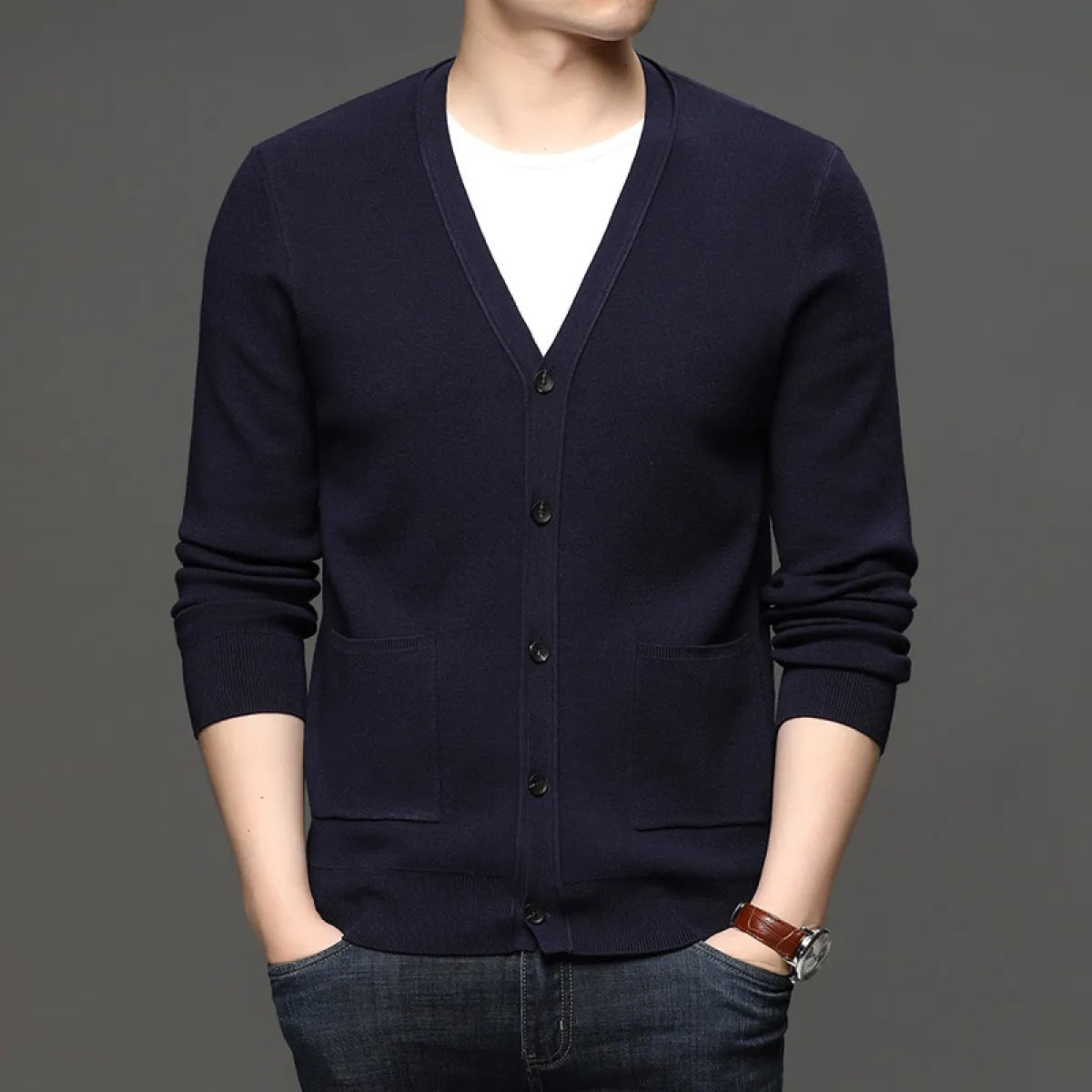 Men's fine knit cardigan slim fit basic style - Theo