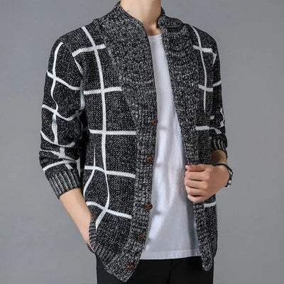 Plaid knitted cardigan with lapel - Adrien