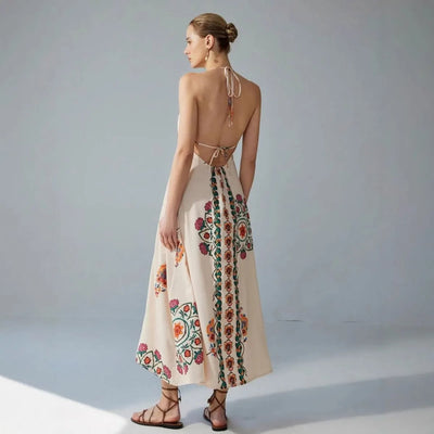 Long dress halter neckline floral embroidery - Elara