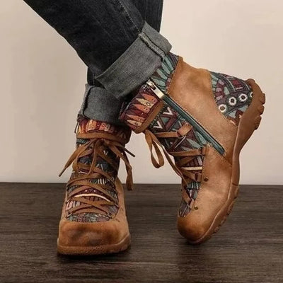 Women's ethnic style ankle boots with laces and zipper - Tribal