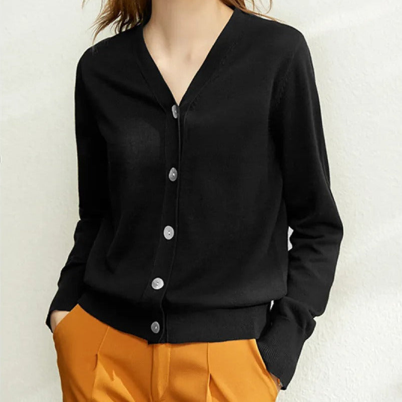 Women's fine knit cardigan V-neck minimalist style - Annelise