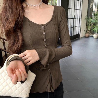 Women's long sleeve ribbed t-shirt with decorative buttons - Delorean