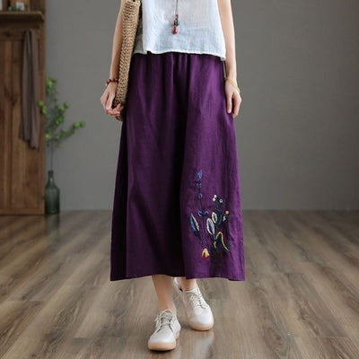 Women's midi skirt with elastic waist and handmade floral embroidery - Amandine