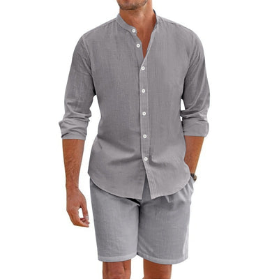 Men's linen set, long sleeve casual mao collar - Terry