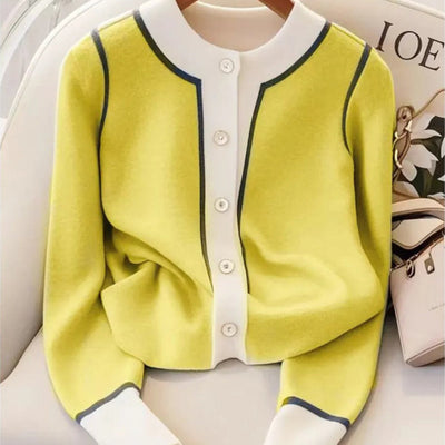 Women's cardigan elegant round neck fine knitted cardigan with contrast - Elina