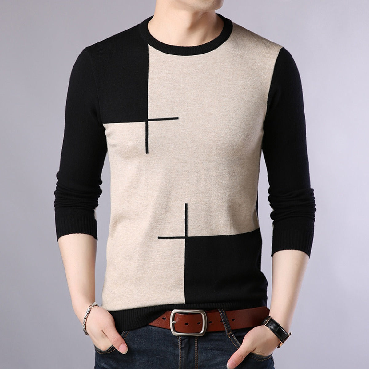 Men's long sleeve modern geometric design sweater - Bastien