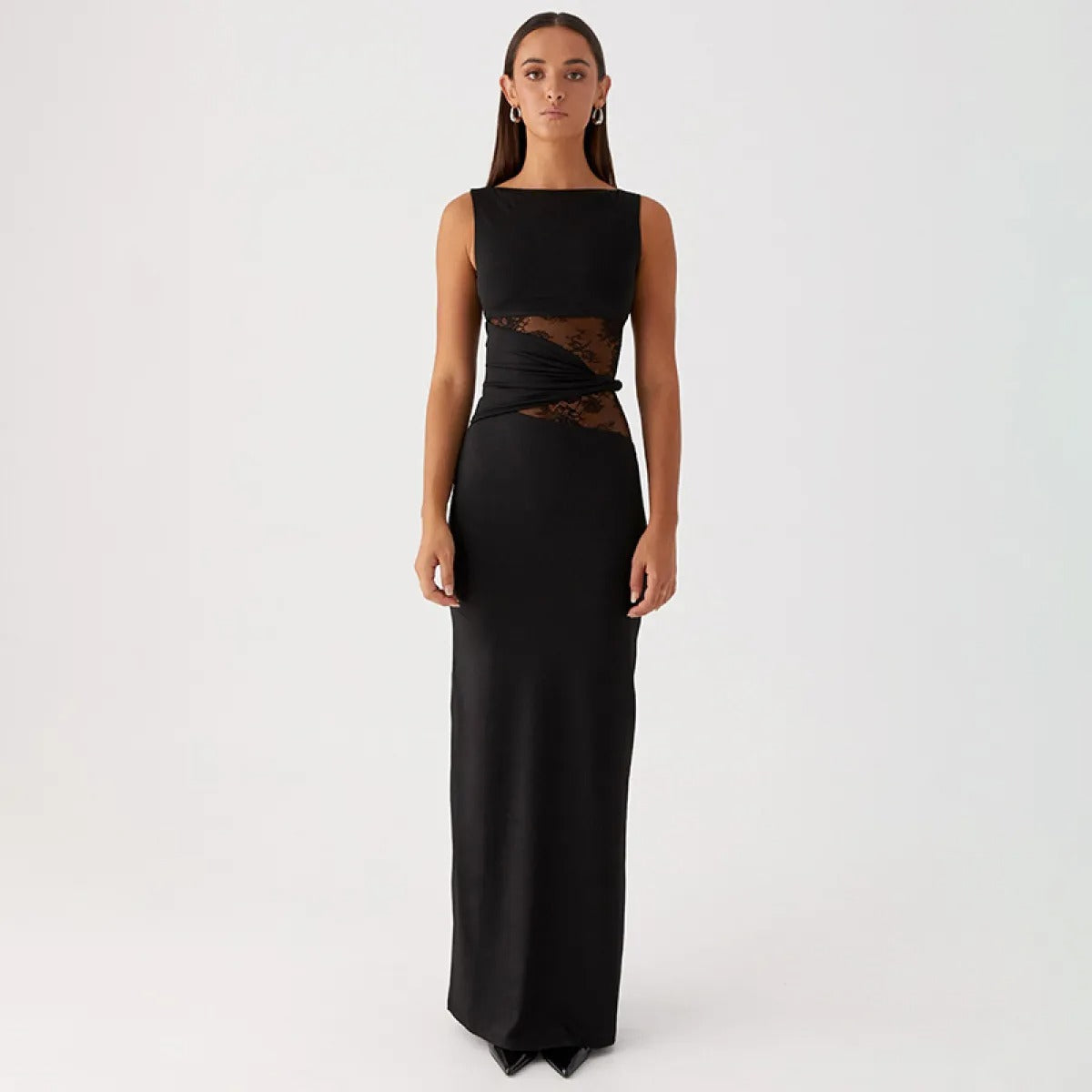 Woman long sleeveless dress with transparent lace - Leontina