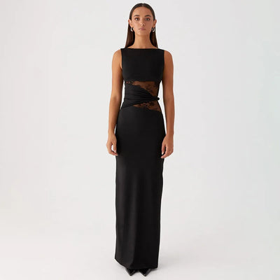 Woman long sleeveless dress with transparent lace - Leontina